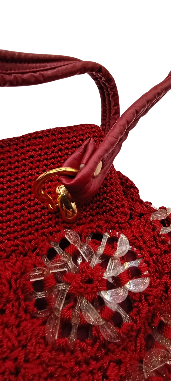 Bolsa de crochet roja con flores transparentes, para vacaciones de verano.