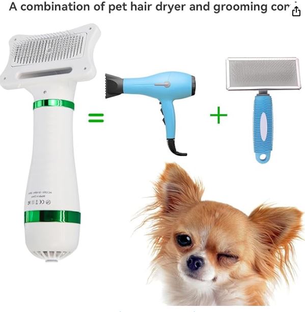 Secador y Cepillo de Pelo para Perros y Gatos 2 en 1 - 3 temperaturas, Silencioso y Portátil