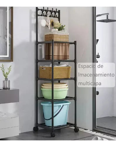 Estante Organizador de Almacenamiento Multifuncional con 5 Niveles, Ruedas y Ganchos