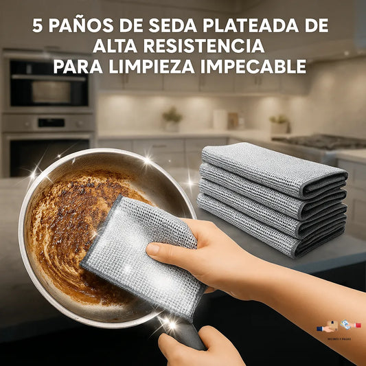Paquete de 5 paños de seda plateada de alta resistencia para limpieza impecable del hogar.