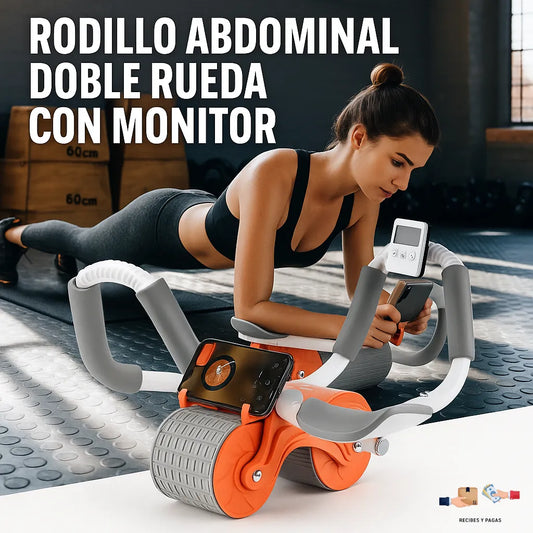 Rodillo Abdominal Doble Rueda con Monitor – Soporte para Celular y Control de Ejercicio