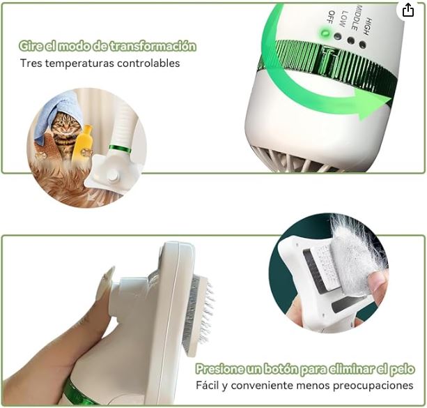 Aparato de secado y peinado para mascotas, bajo ruido y 3 niveles de potencia.