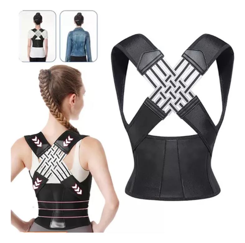 Arnés corrector de postura ajustable, alivia el dolor de cuello y espalda.