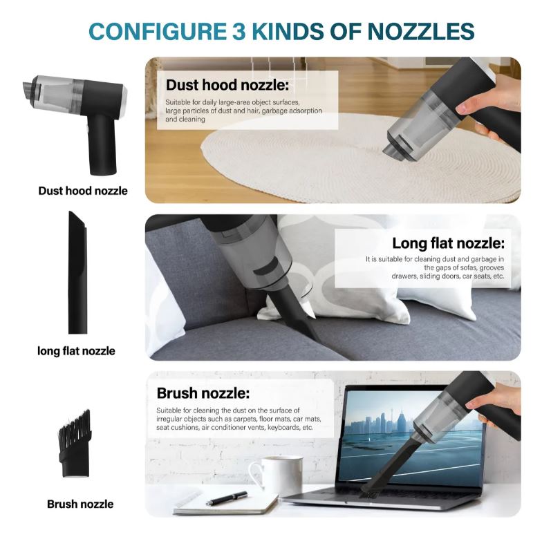 Aspiradora manual 3 en 1, sopladora e infladora, portátil con batería.