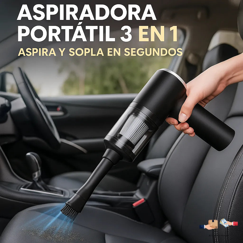 Aspiradora portátil 3 en 1, aspira, sopla e infla en segundos.