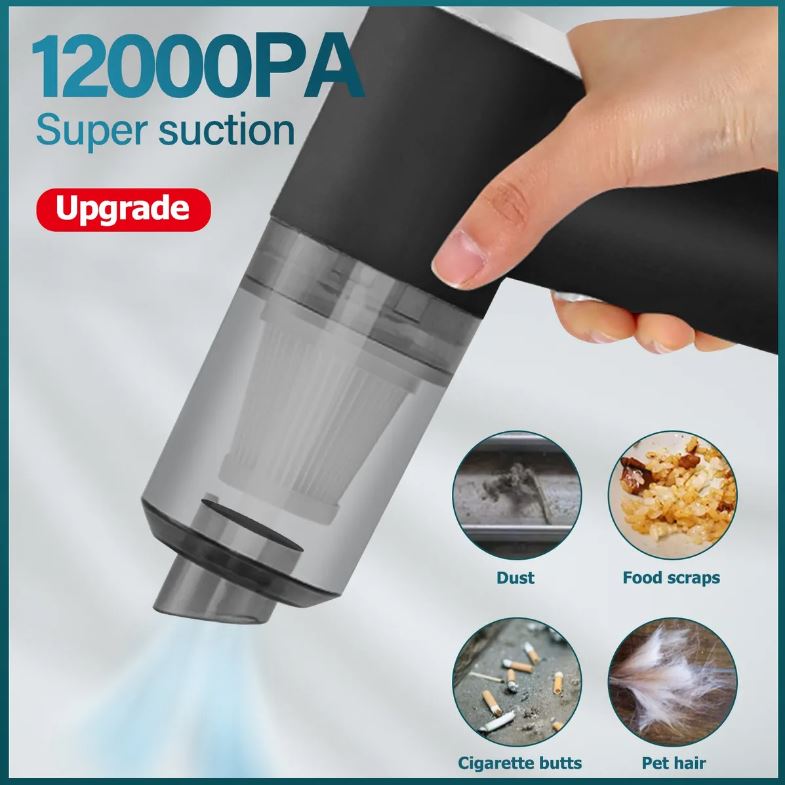 Aspiradora portátil 3 en 1 con filtro HEPA, aspira y sopla eficientemente.