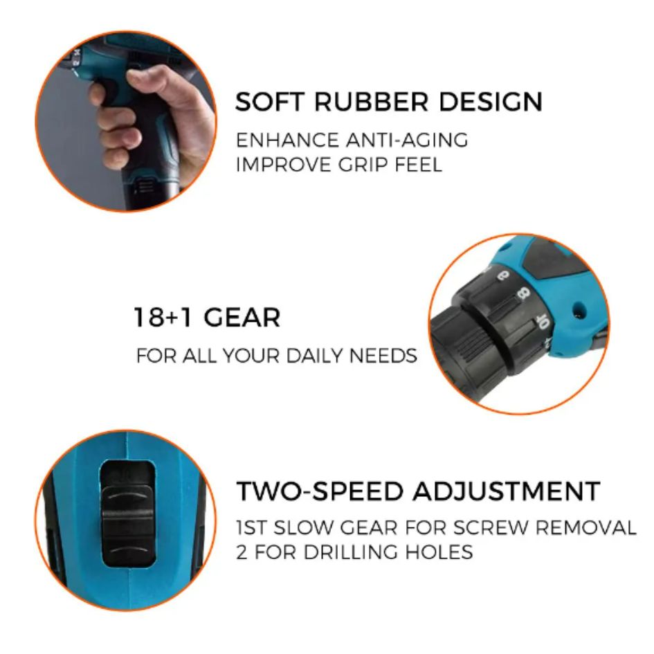 Atornillador y taladro de 12V para uso rudo, ideal para reparaciones y construcción.