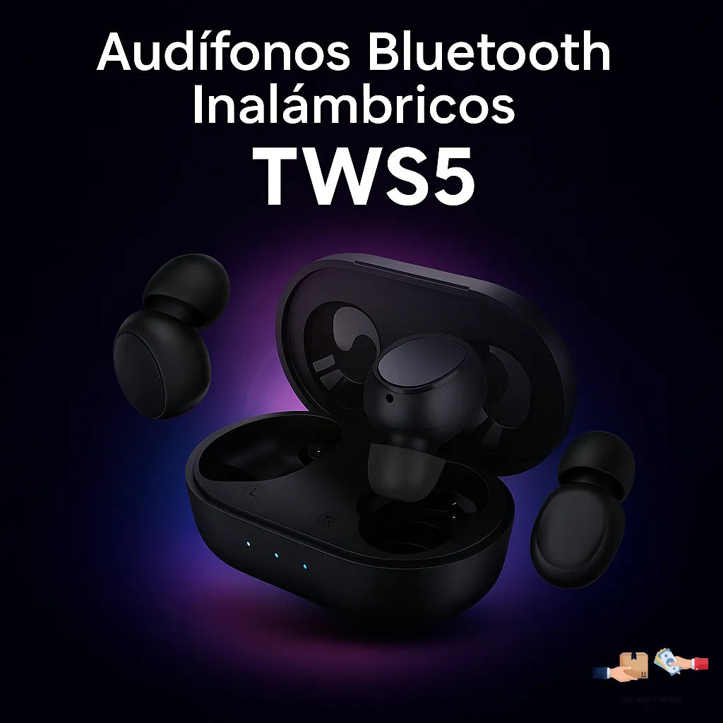 Audífonos Bluetooth inalámbricos TWS5 con estuche de carga portátil.