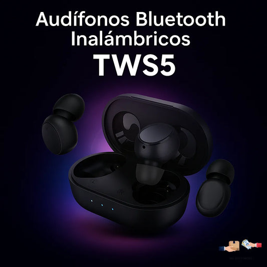 Audífonos Bluetooth inalámbricos TWS5 con estuche de carga portátil.