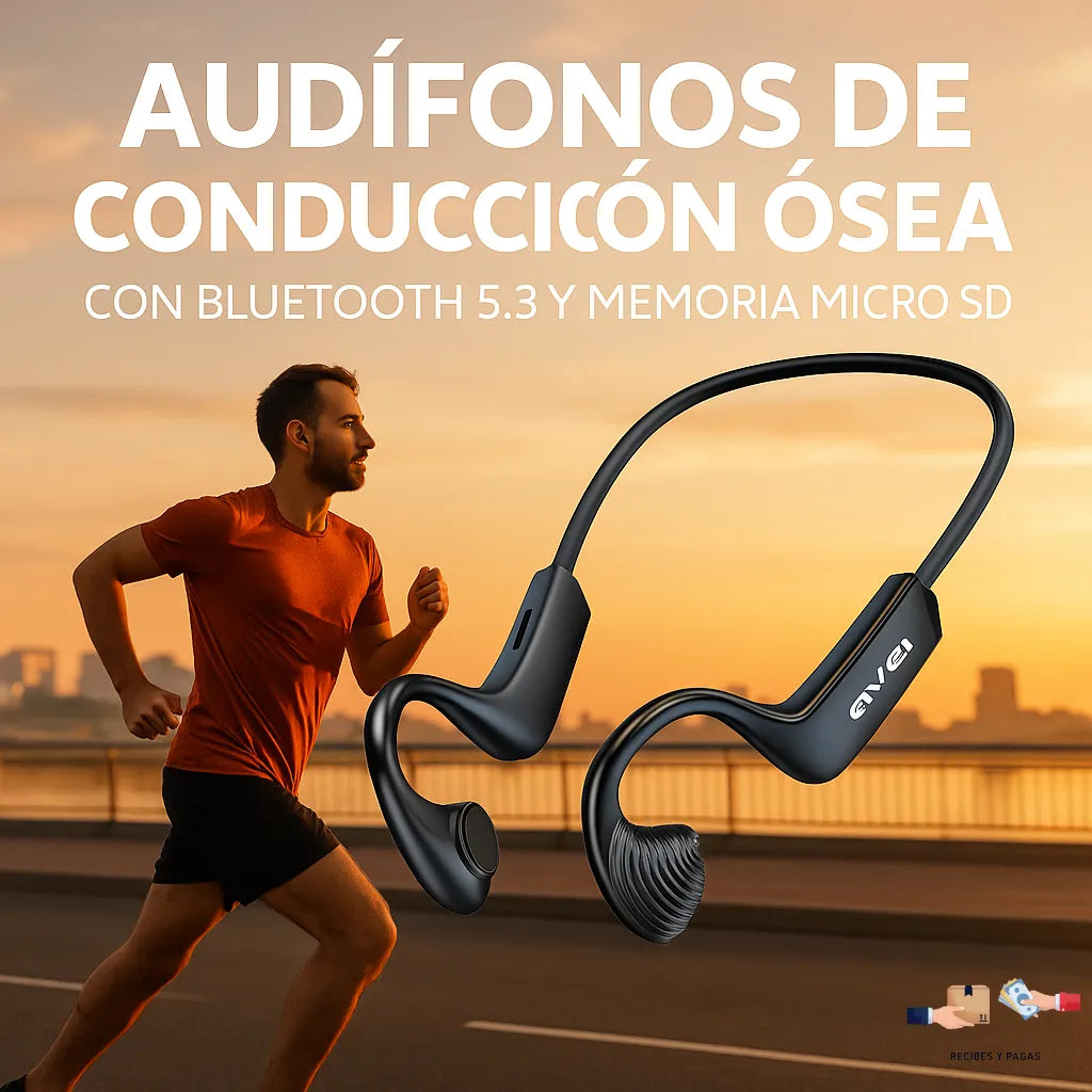 Audífonos de conducción ósea con Bluetooth 5.3 y memoria Micro SD integrada.