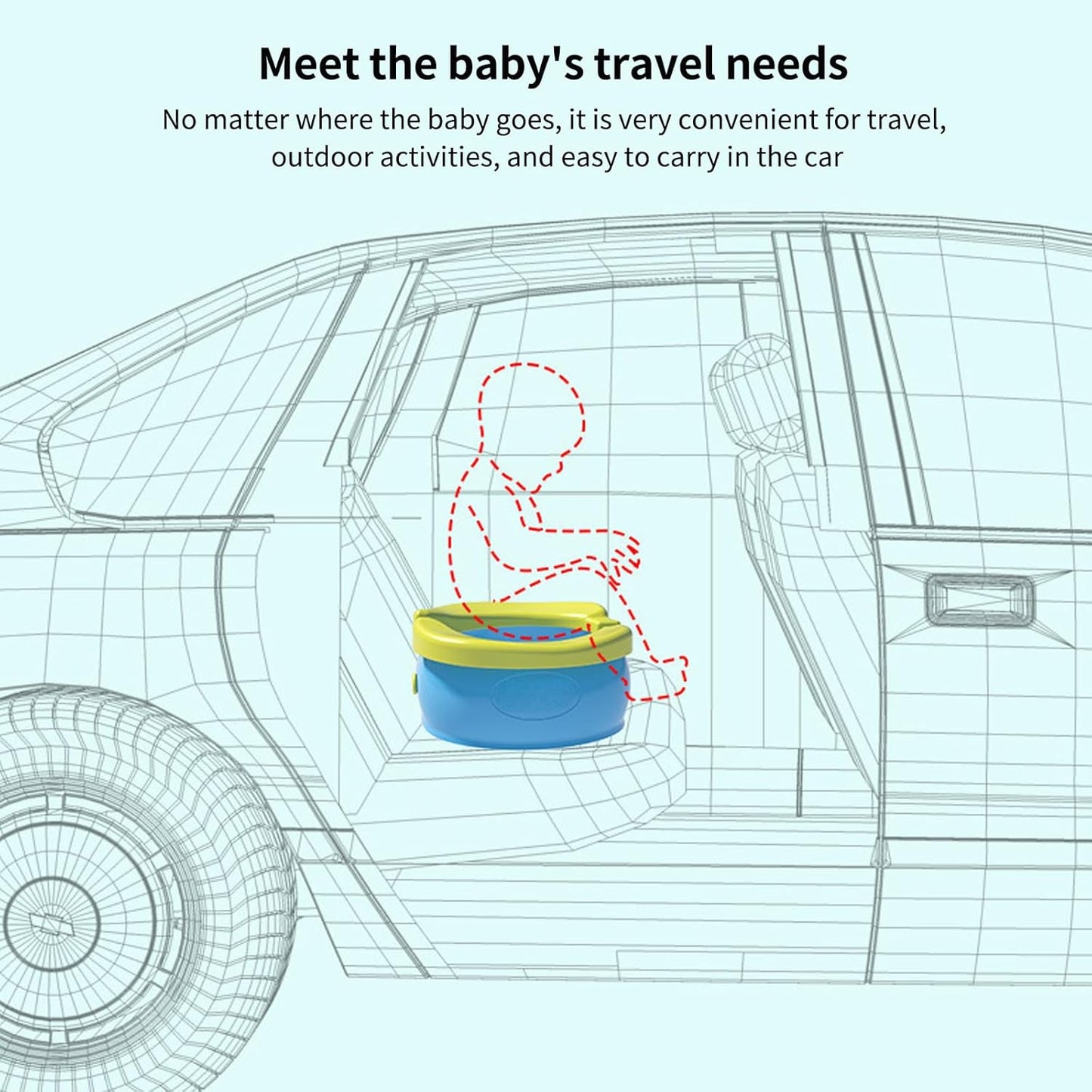 Bacinica portátil plegable para viaje en coche con niños, diseño seguro.