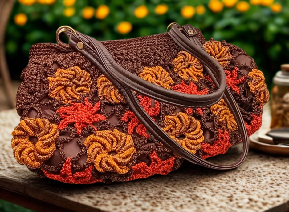 Bolsa artesanal marrón con flores naranjas y mostaza, tejido duradero.