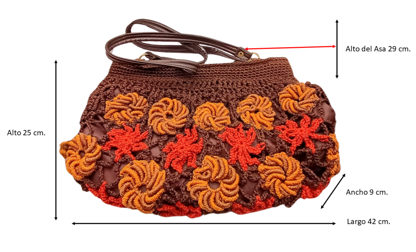 Bolsa artesanal marrón, flores terracota y mostaza, crochet boho chic.