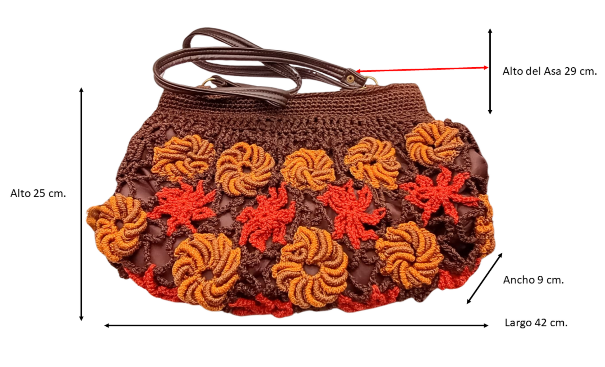 Bolsa artesanal marrón, flores terracota y mostaza, crochet boho chic.