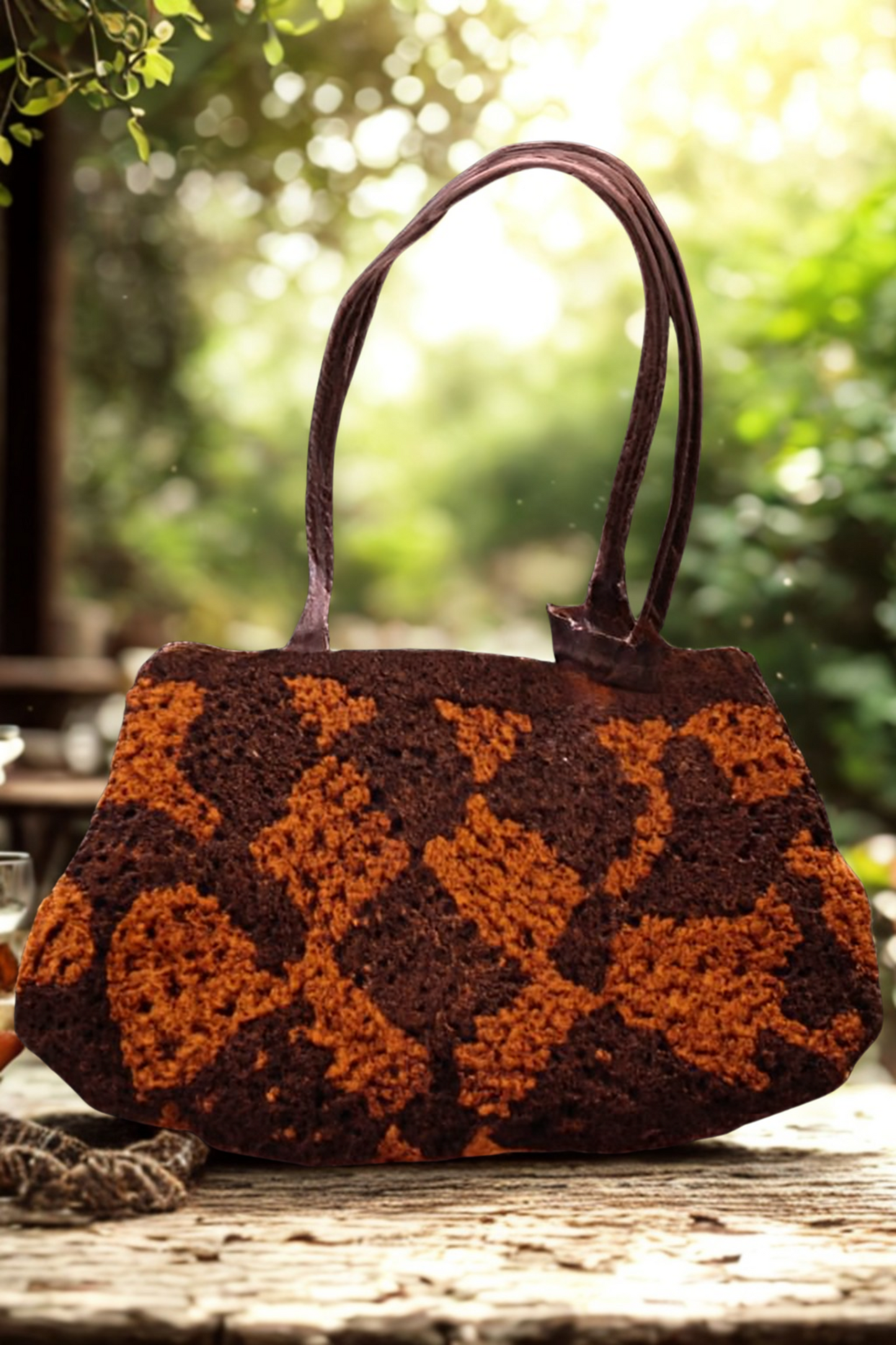 Bolsa artesanal marrón terracota crochet con rombos, última tendencia.