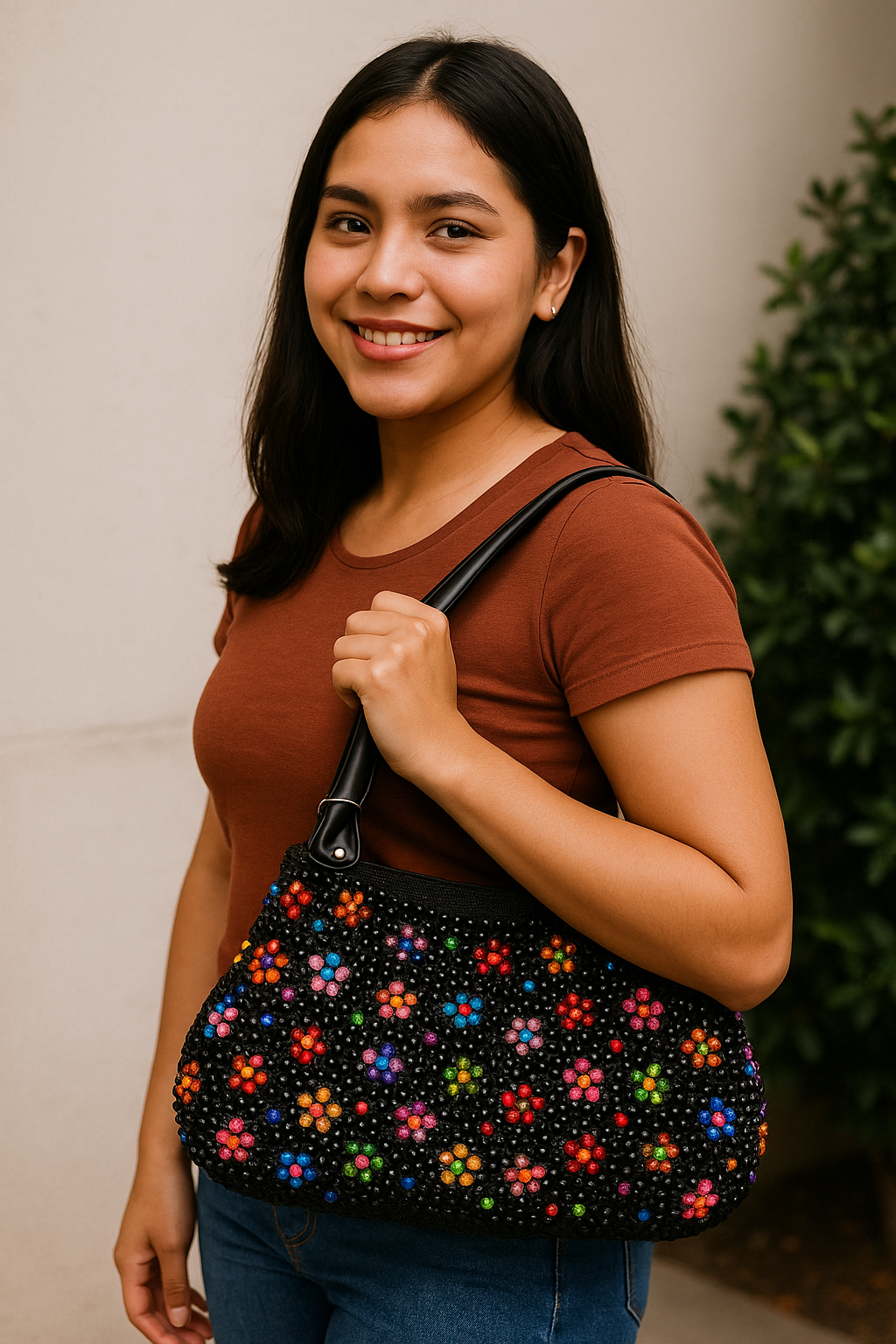 Bolsa artesanal negra con flores multicolor, de gran capacidad.