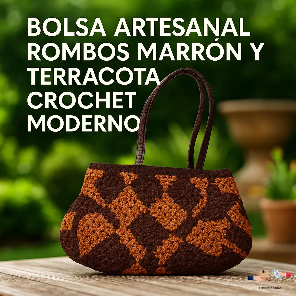 Bolsa artesanal de rombos marrón y terracota, estilo crochet moderno.