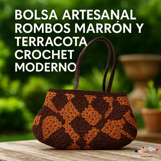 Bolsa artesanal de rombos marrón y terracota, estilo crochet moderno.