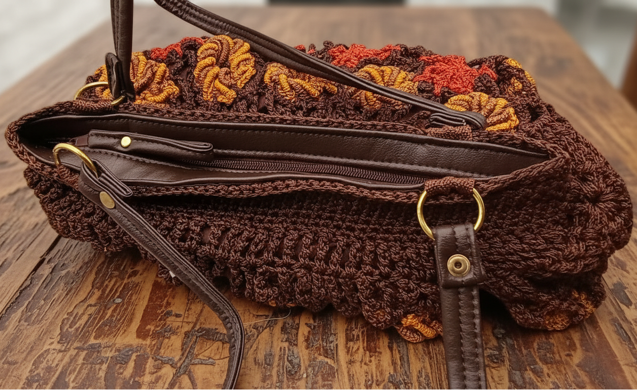 Bolsa crochet marrón, flores naranjas y mostaza, colores vibrantes.