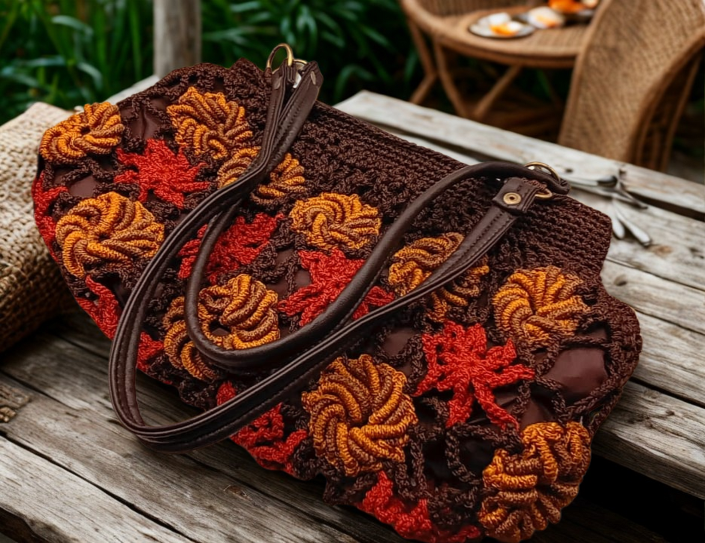 Bolsa crochet marrón, flores terracota y mostaza, colores vibrantes.