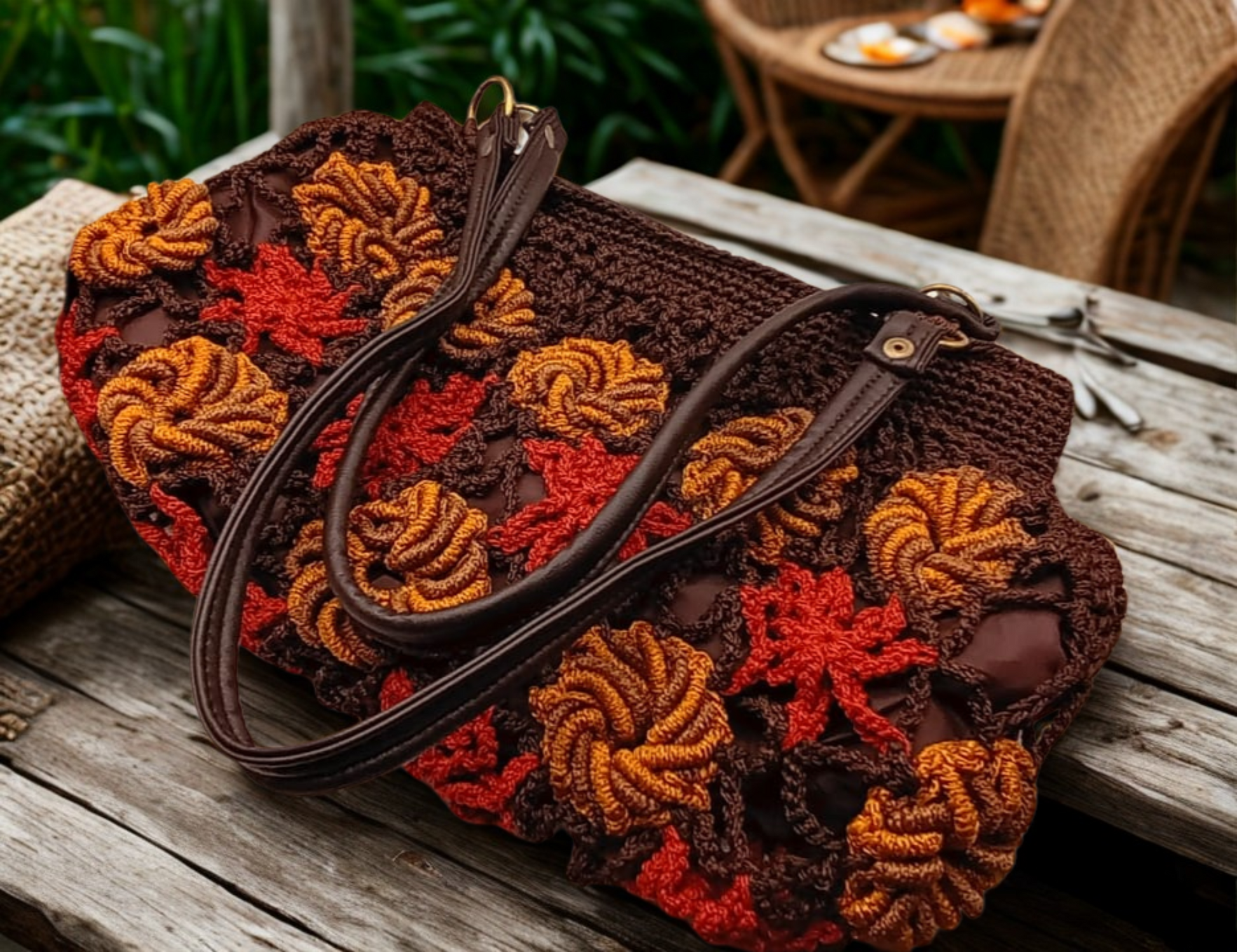 Bolsa crochet marrón, flores terracota y mostaza, colores vibrantes.