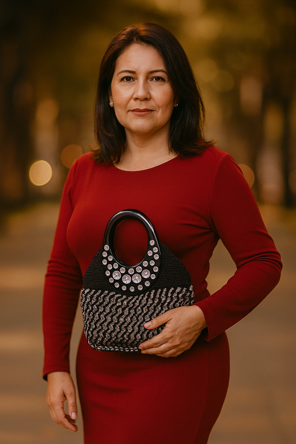 Bolsa crochet negra, gemas plateadas brillantes, de alta calidad.