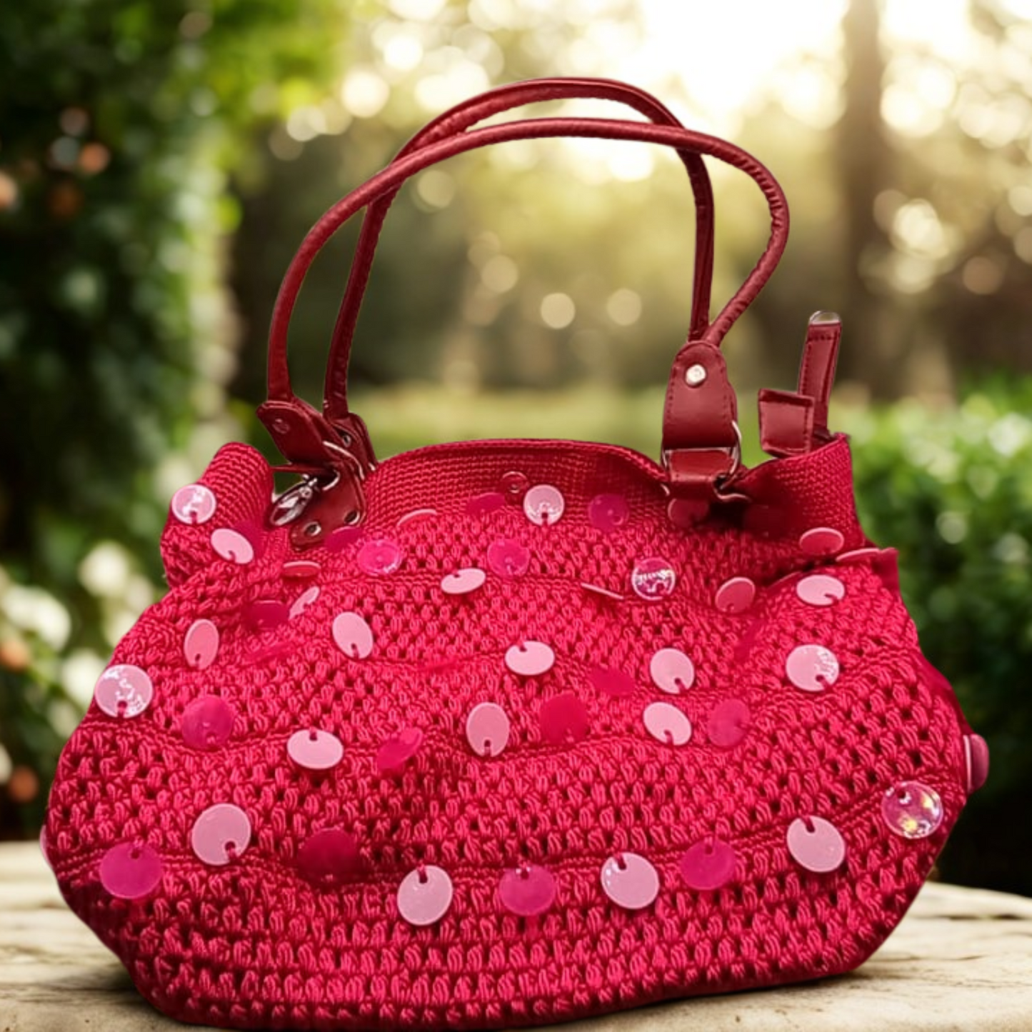 Bolsa fiusha artesanal, lentejuelas tornasol, estilo crochet, accesorios.