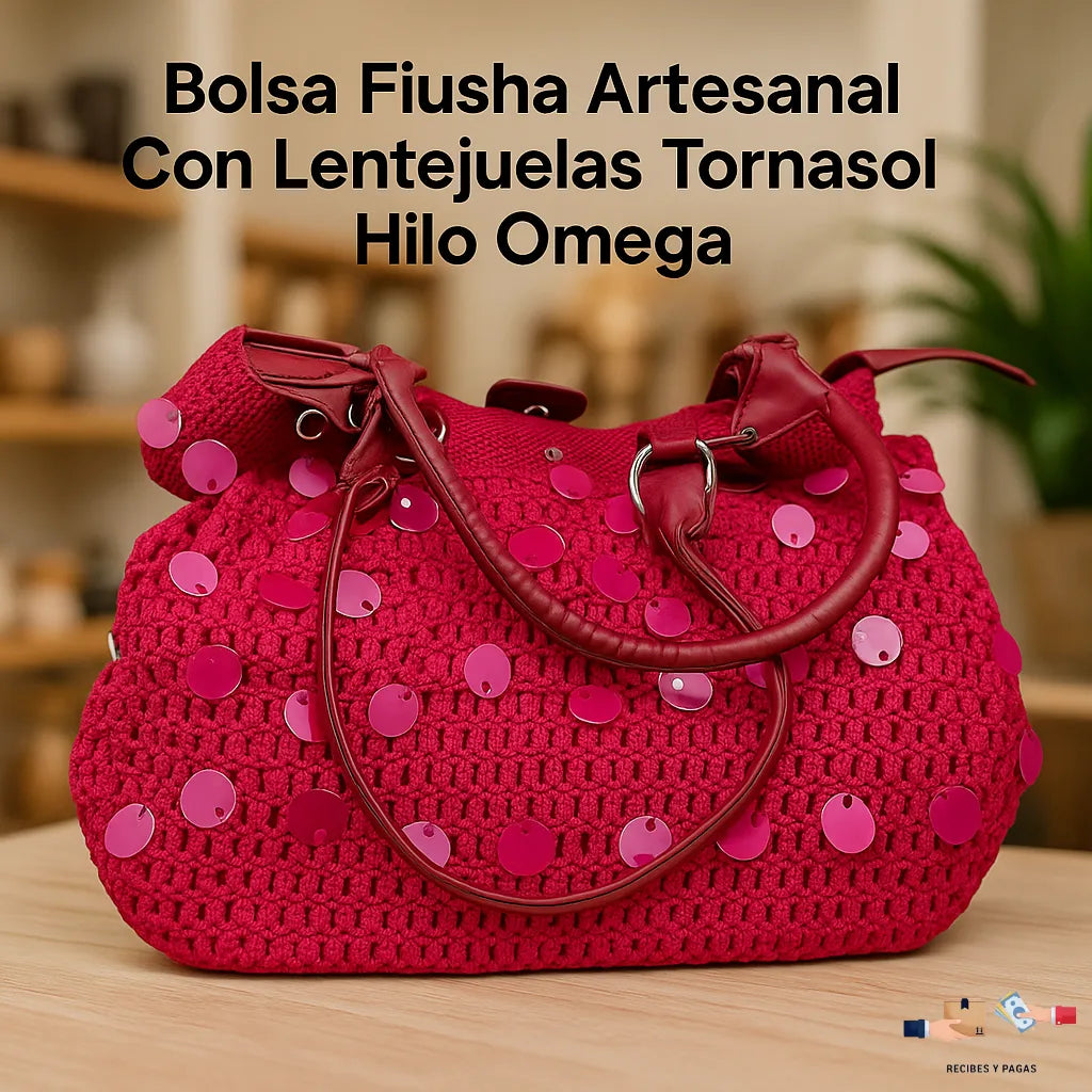 Bolsa fiusha artesanal con lentejuelas tornasol, tejida con Hilo Omega.