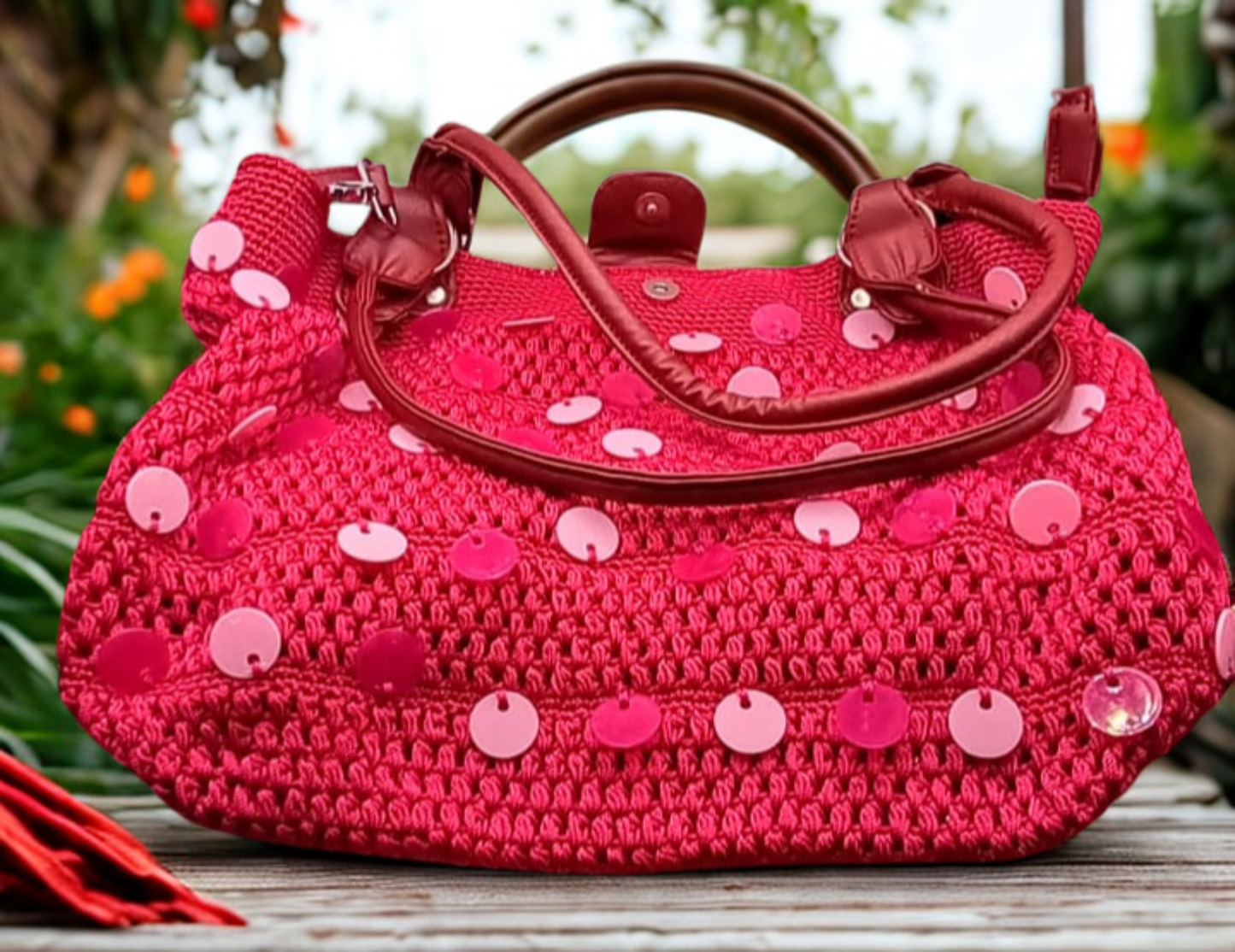 Bolsa fiusha lentejuelas tornasol Hilo Omega, tejida completamente a mano.