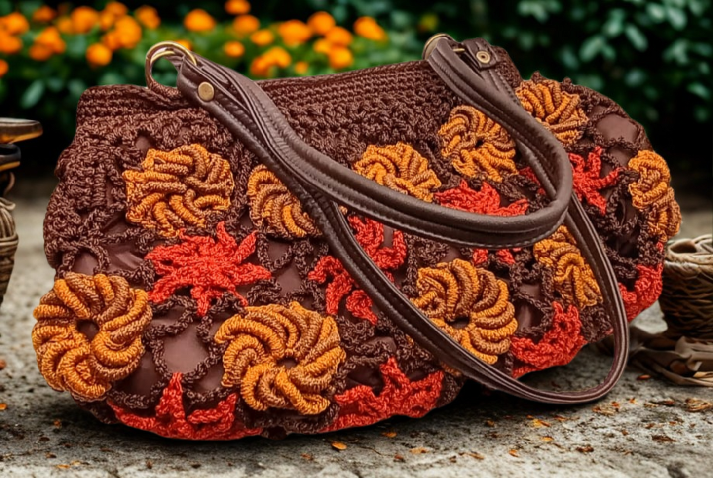 Bolsa de hombro artesanal marrón, flores terracota y mostaza, diseño floral.