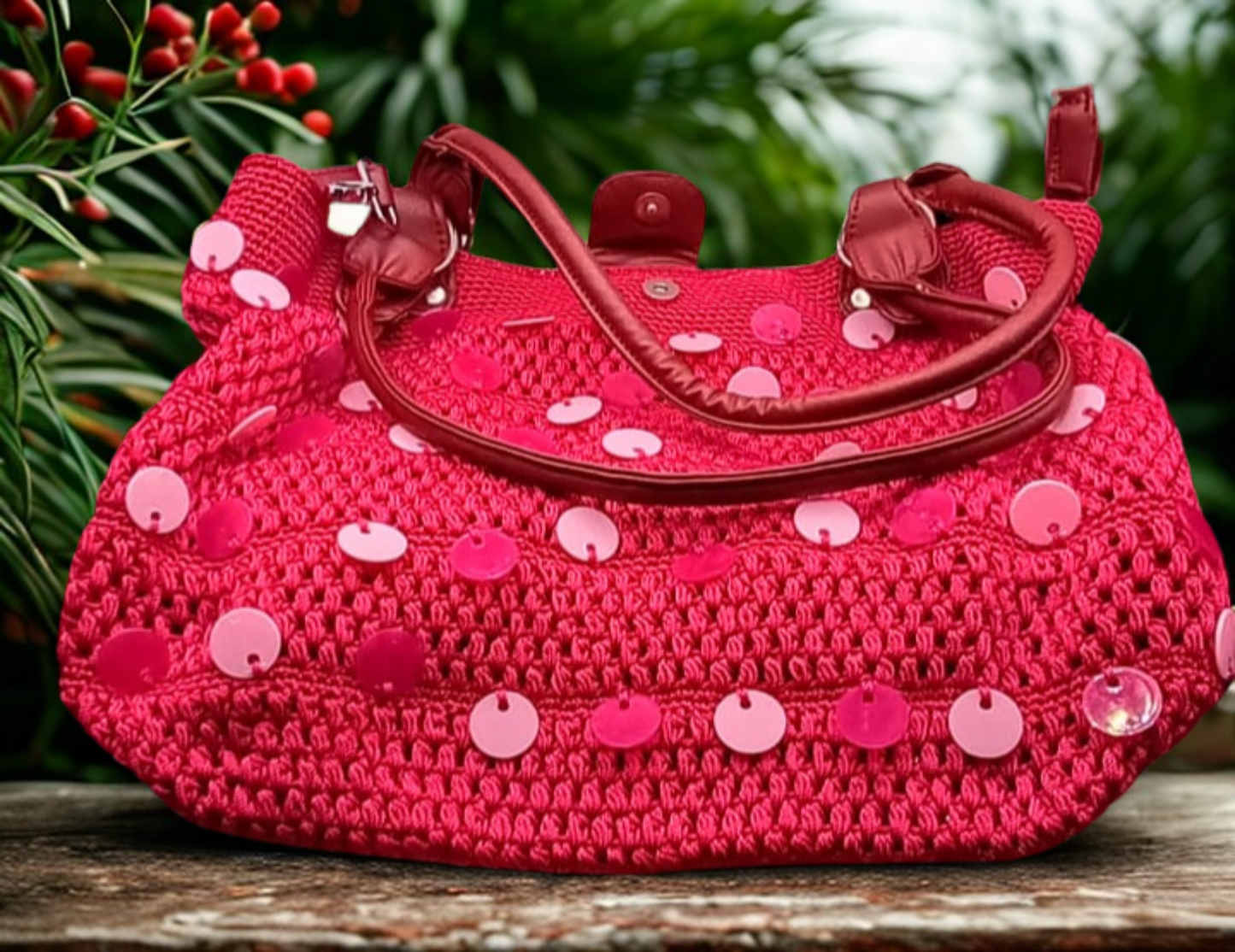 Bolsa de hombro fiusha, lentejuelas tornasol, Hilo Omega, pieza única.