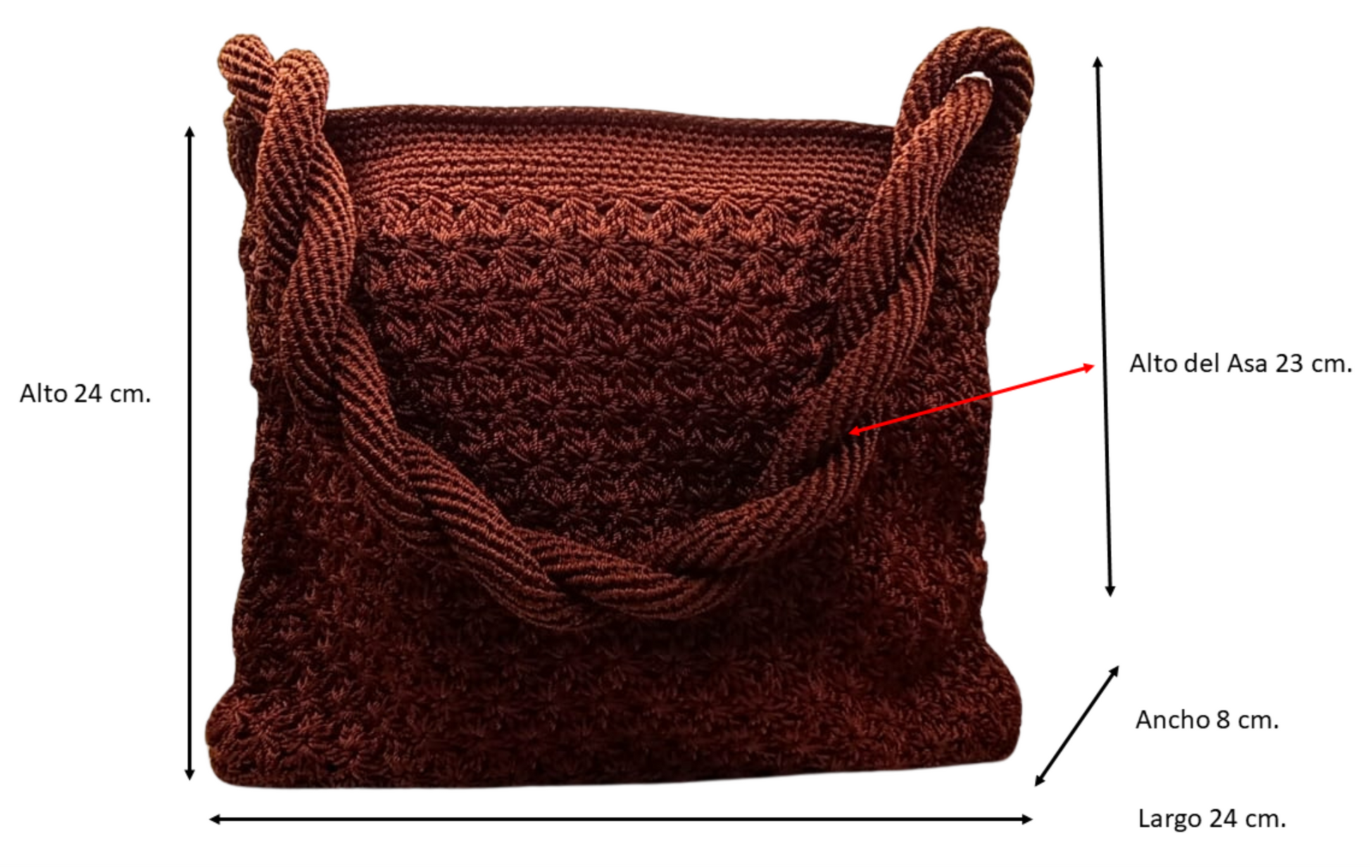 Bolsa de hombro marrón chocolate crochet, asas trenzadas, duradera.