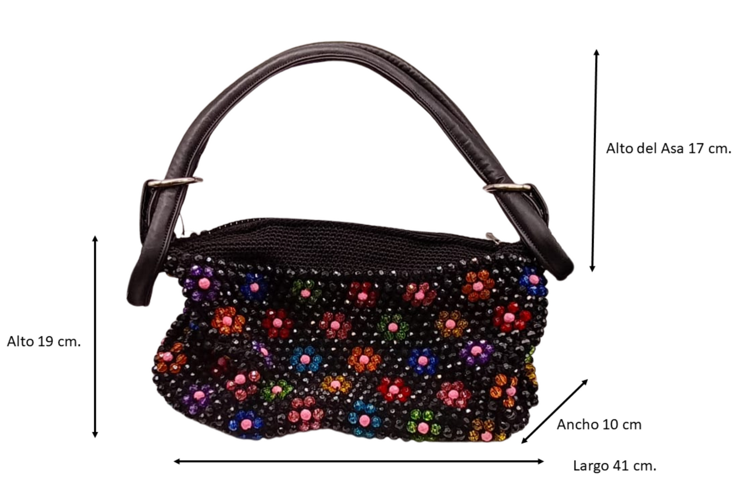 Bolsa de hombro negra artesanal con flores multicolor, ideal para casual.