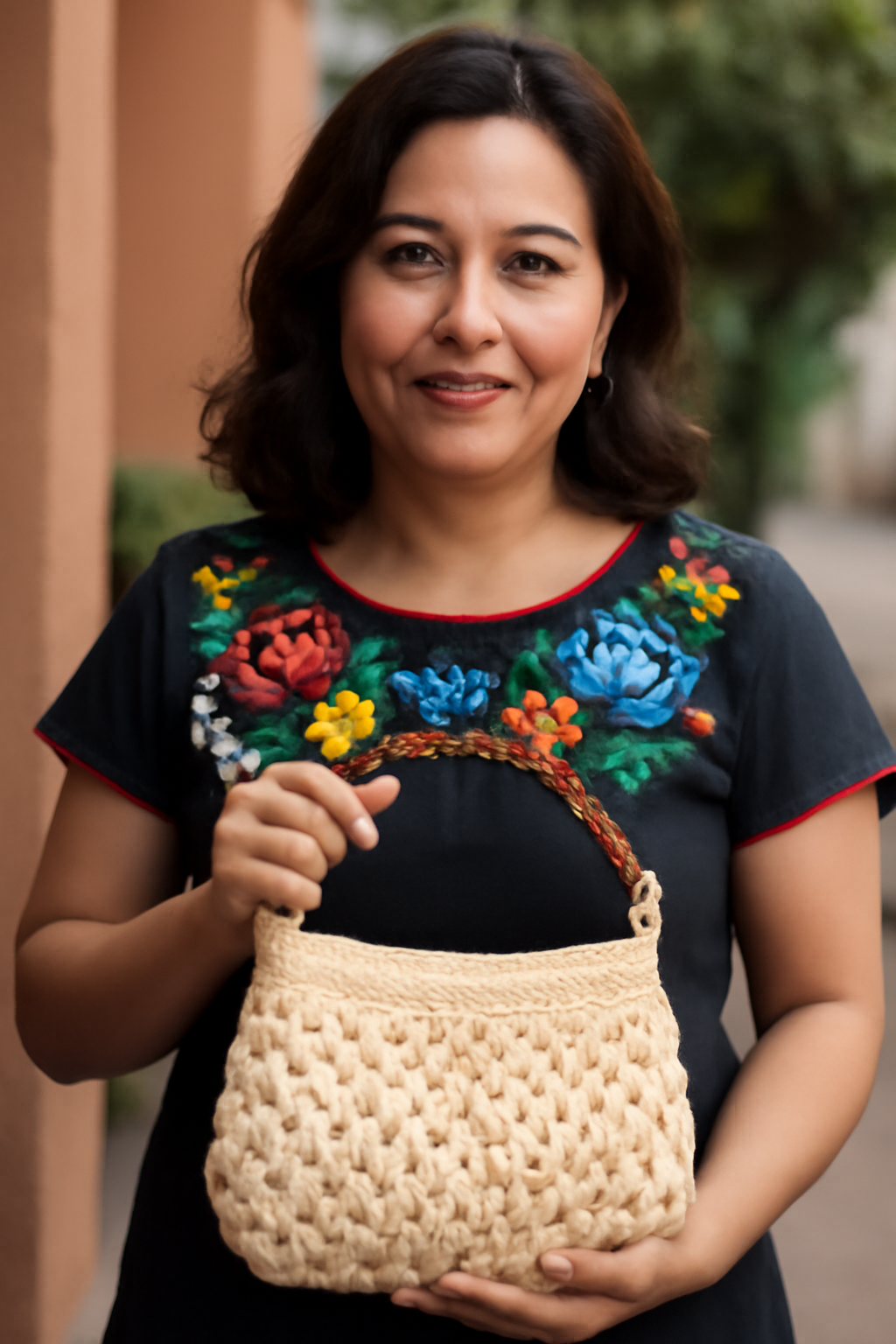 Bolsa color hueso artesanal, gemas ámbar, asas, tejido duradero.