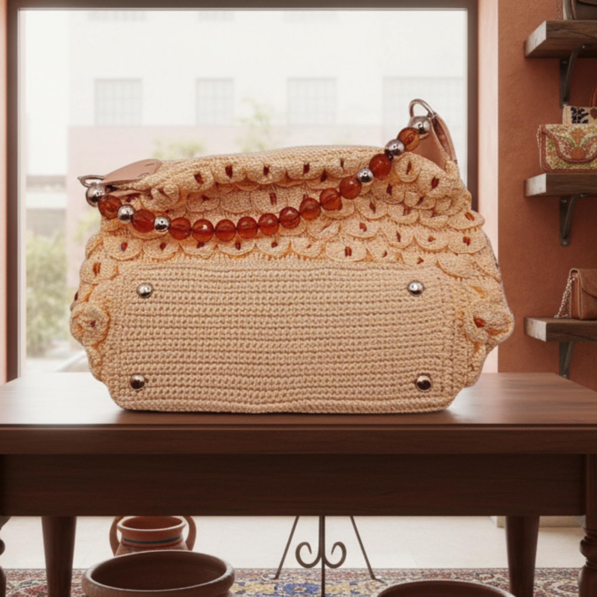 Bolsa color hueso, asas, gemas ámbar, artesanal, ideal para playa o verano.