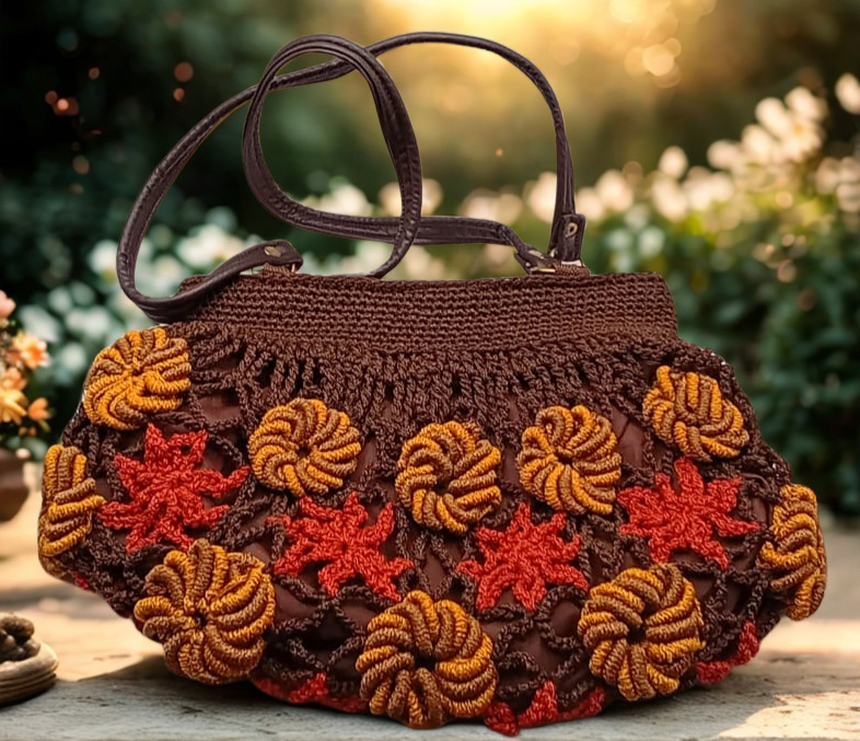 Bolsa de mano artesanal marrón, flores naranjas y mostaza, estilo mexicano.