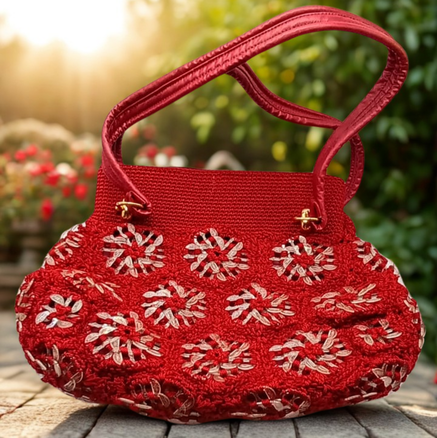 Bolsa de mano roja artesanal, crochet, flores transparentes, para playa.