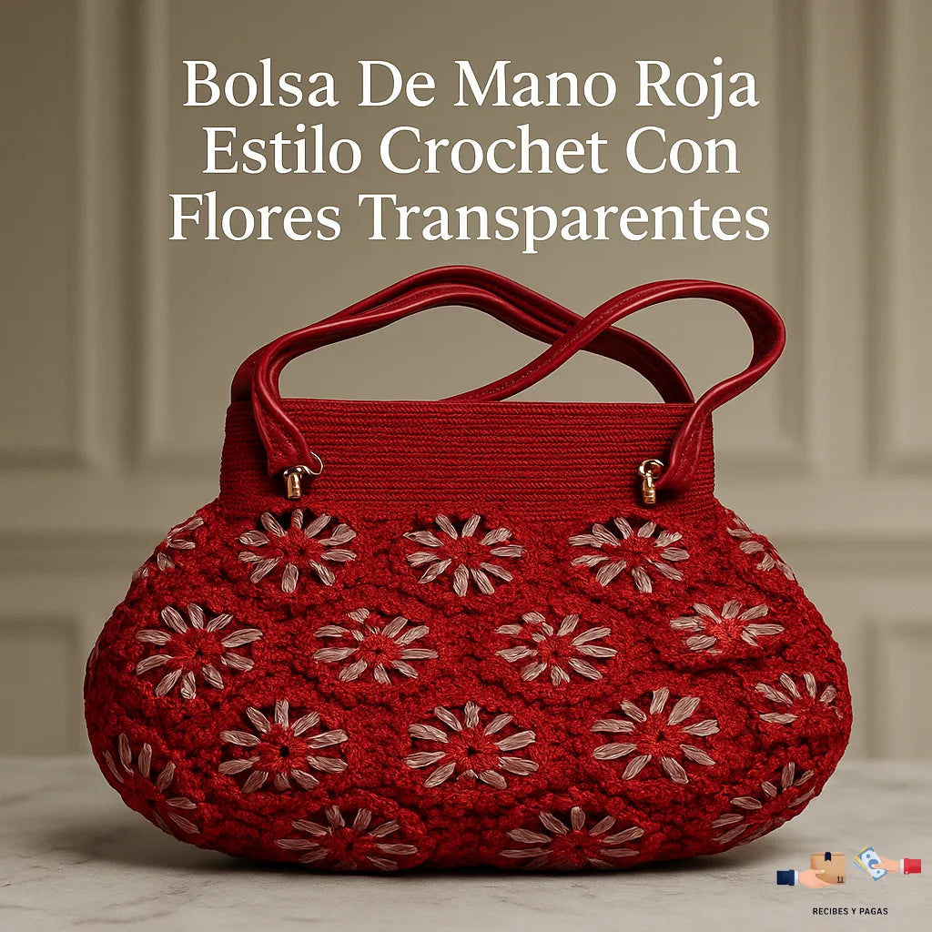 Bolsa de mano roja estilo crochet con flores transparentes, ideal para verano.