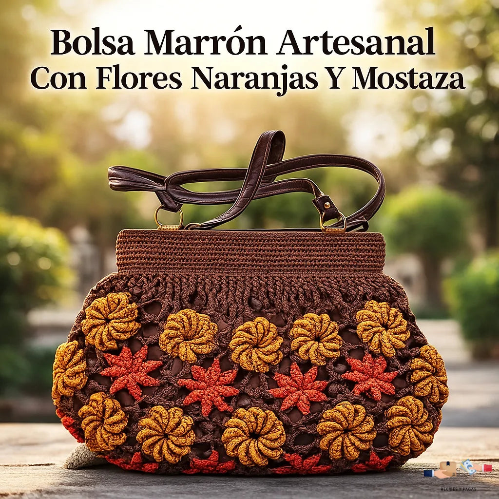 Bolsa marrón artesanal con flores naranjas y mostaza, estilo crochet.