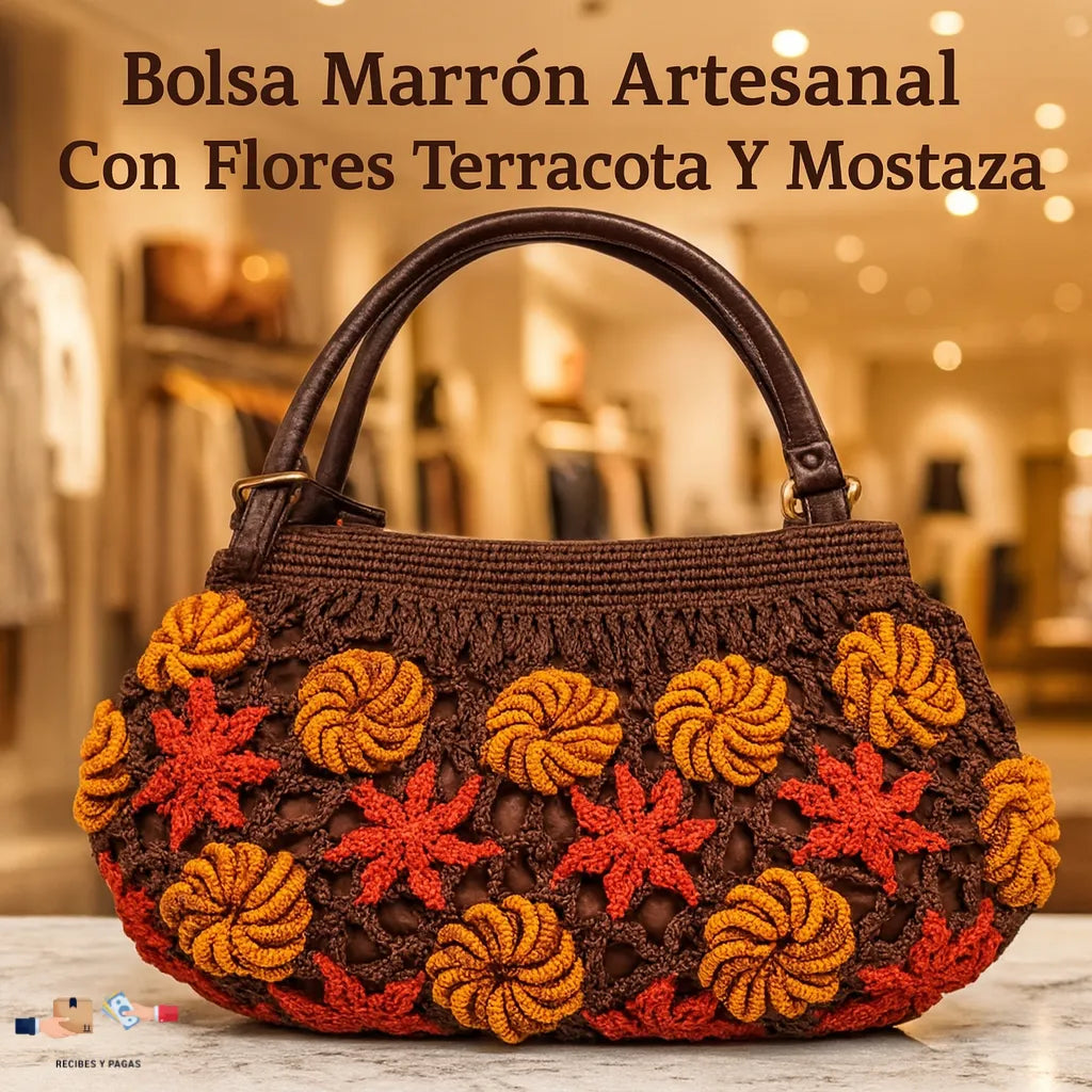 Bolsa marrón artesanal con flores terracota y mostaza, estilo crochet.