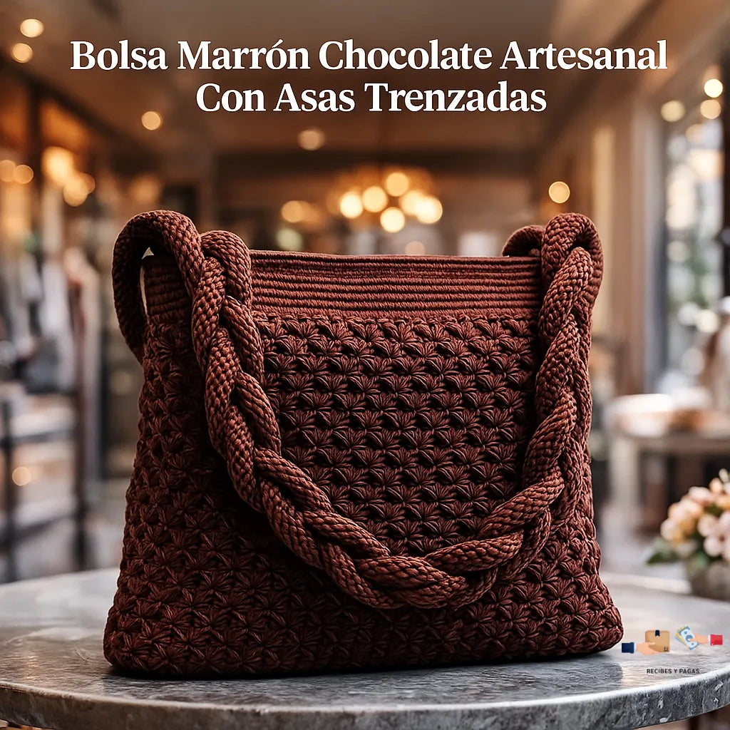Bolsa marrón chocolate artesanal con asas trenzadas.