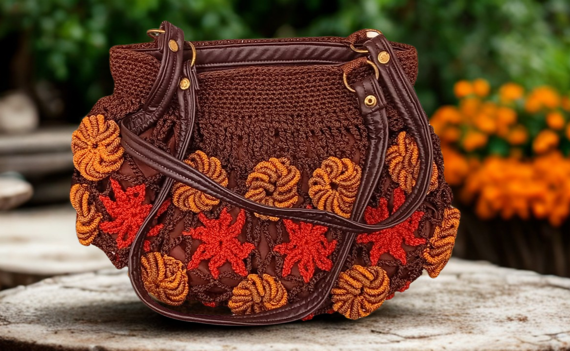 Bolsa marrón crochet, flores naranjas y mostaza, accesorio de moda.