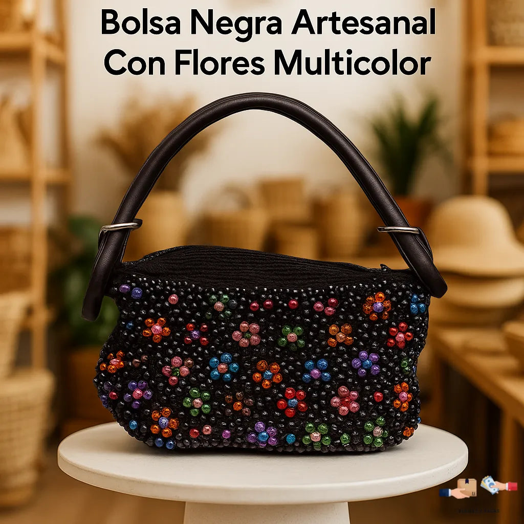 Bolsa negra artesanal con flores multicolor, totalmente hecha a mano.