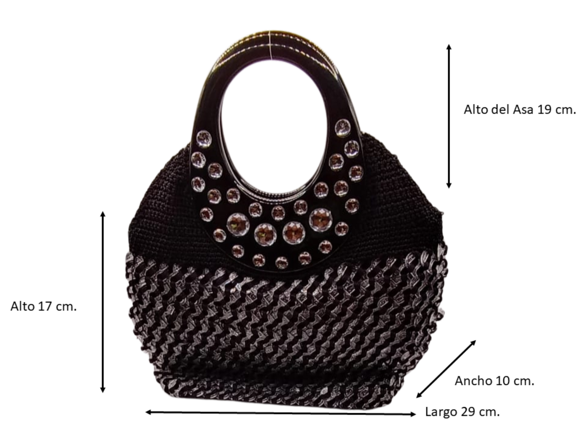 Bolsa negra crochet artesanal, gemas plateadas, brillo para fiesta.