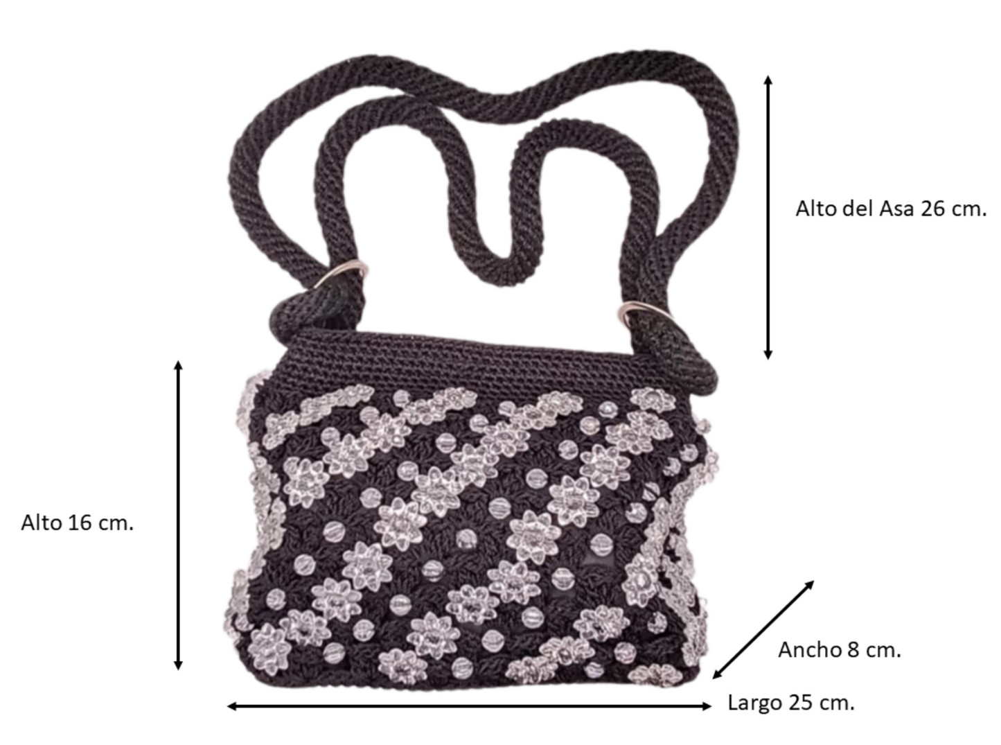 Bolsa negra de crochet con flores transparentes, Hilo Omega, elegante.