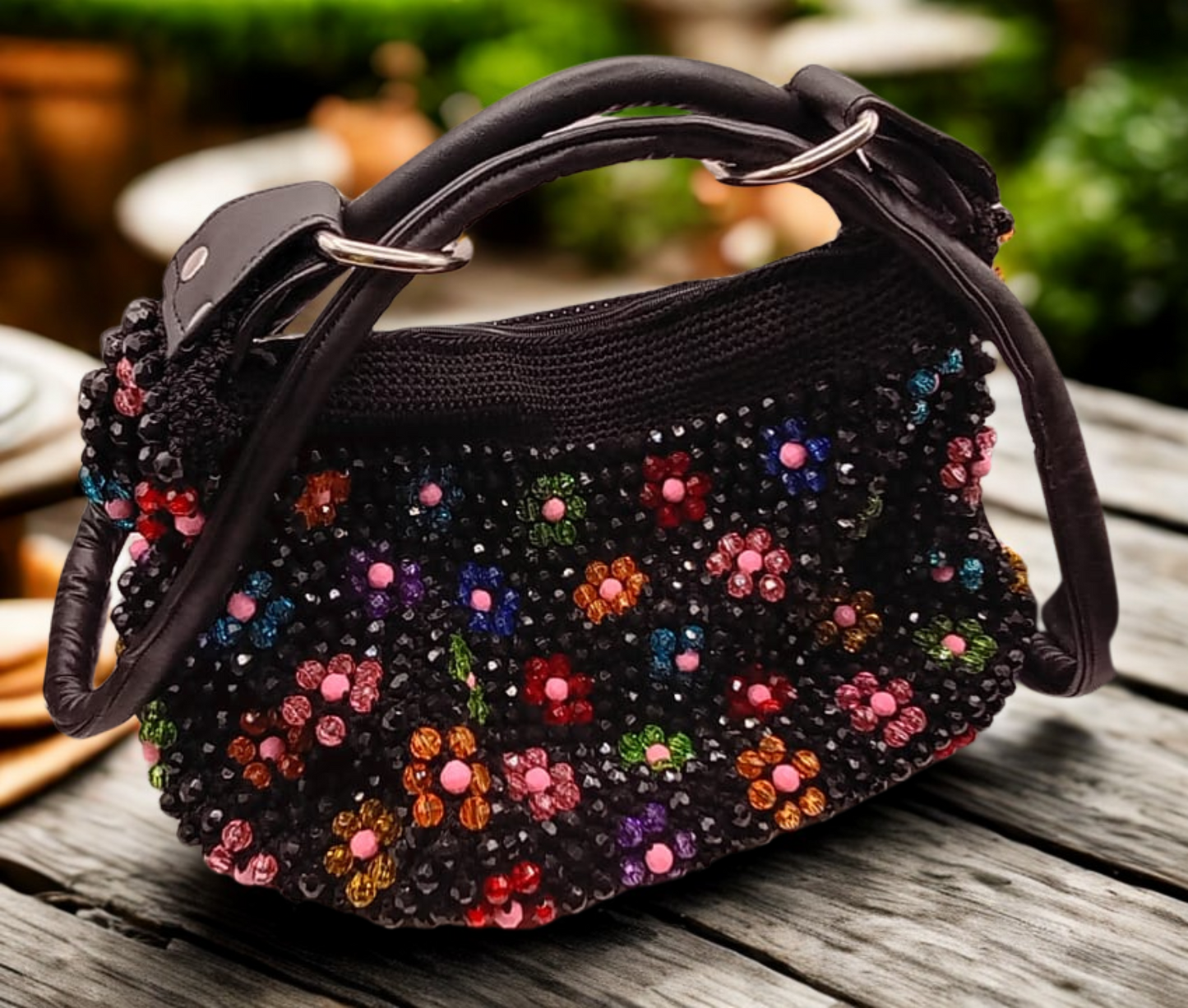 Bolsa negra, flores multicolor, artesanía textil, hecha en México.