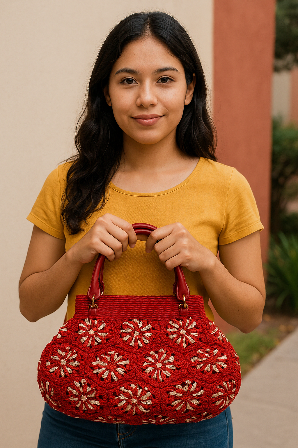 Bolsa roja de crochet con flores transparentes, hecha a mano.