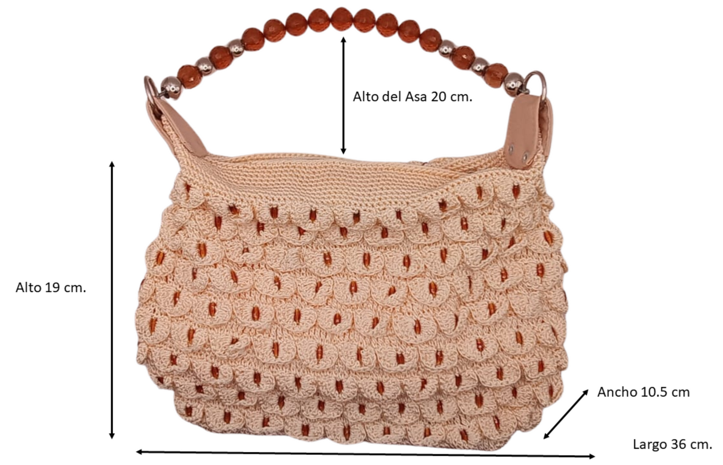 Bolsa tejida artesanal color hueso, gemas ámbar, accesorio de moda.