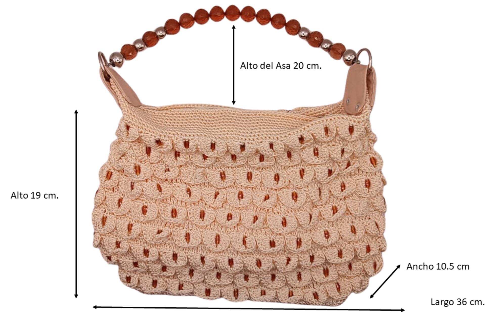 Bolsa tejida artesanal color hueso, gemas ámbar, accesorio de moda.