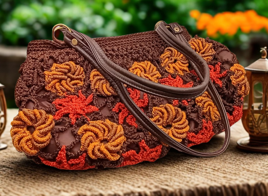 Bolsa tejida marrón, flores naranjas y mostaza, fina artesanía.